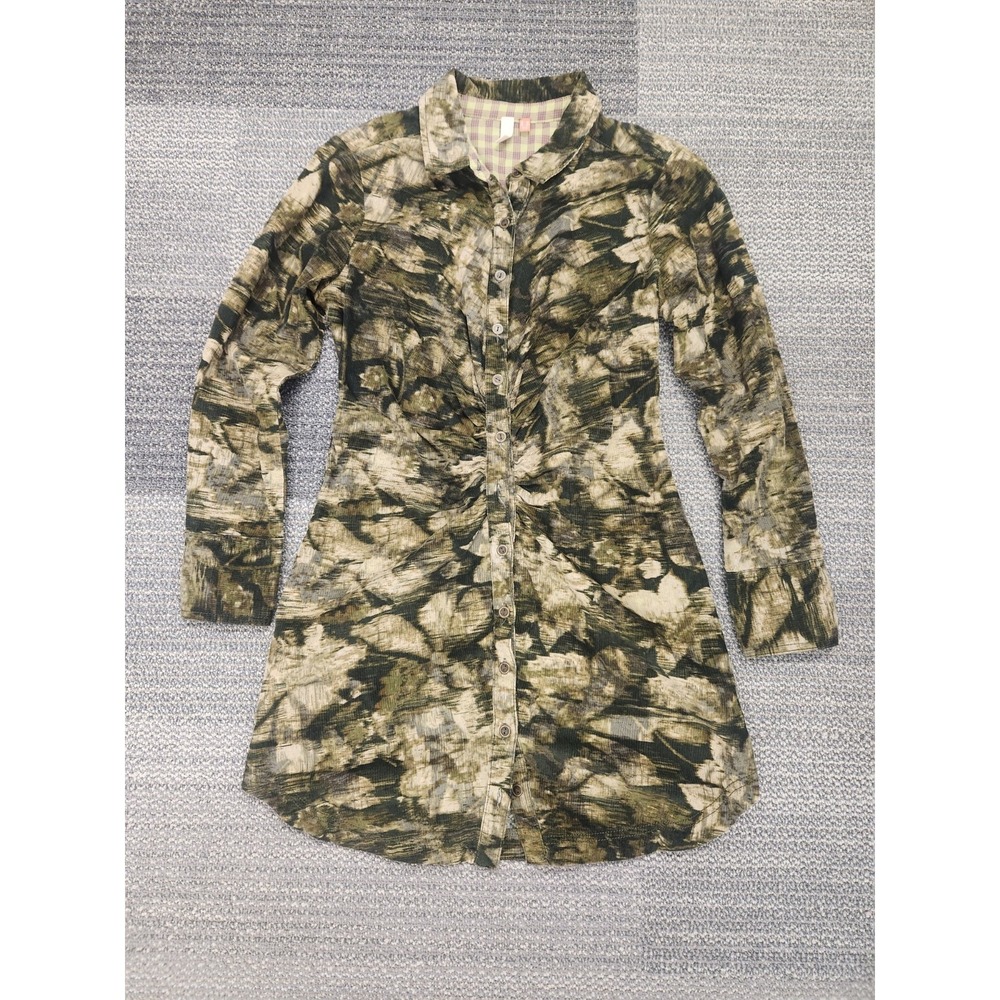 Pilcro Anthropologie‎ Corduroy Shirtdress Dress Camo Green Olive Ruched Size 10P